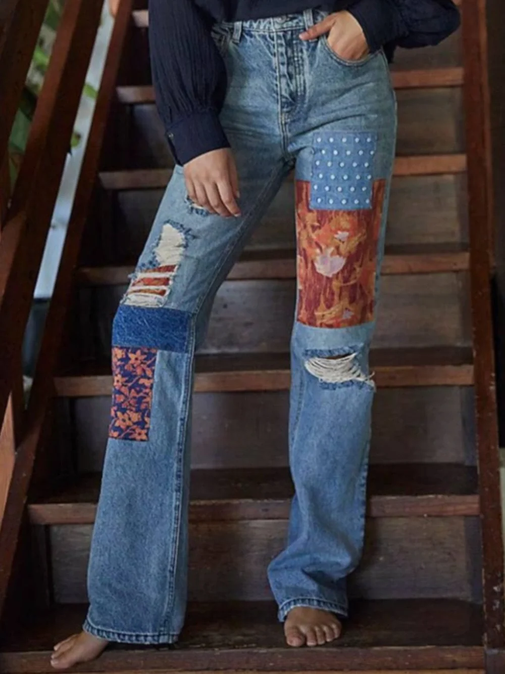 Free People Belladonna Patchwork Bootcut Jeans Size 31